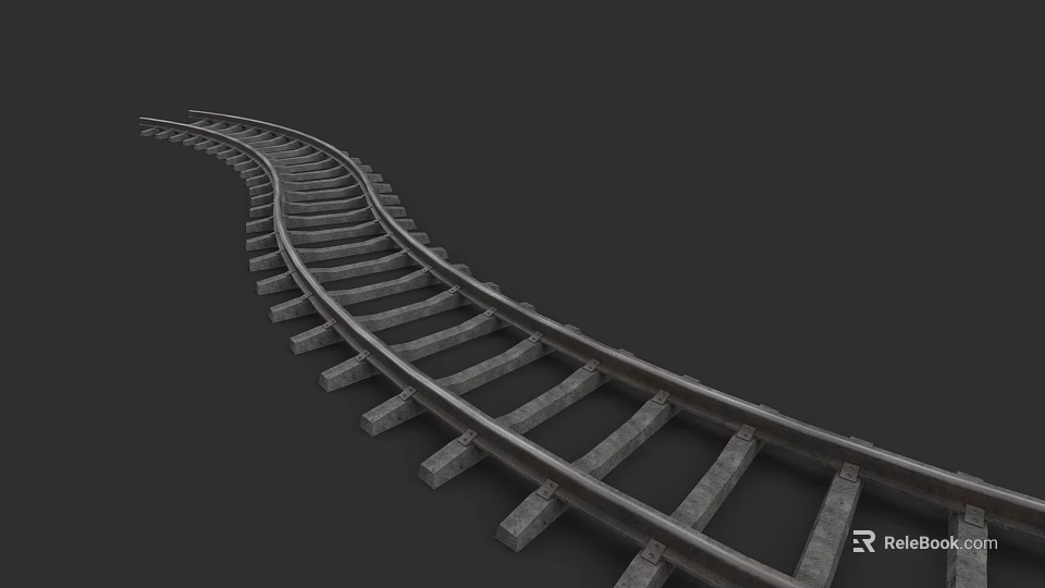 Car Driving On Curved Railway Track With Metal Rails And Sleepers 3d model 