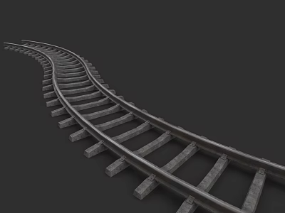Car Driving On Curved Railway Track With Metal Rails And Sleepers 3d model