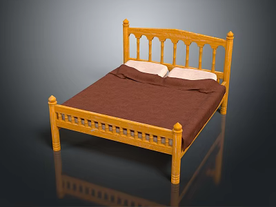 Wooden Double Bed With Carved Headboard Brown Bedspread And White Pillows 3d model