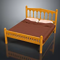 Wooden Double Bed With Carved Headboard Brown Bedspread And White Pillows 3d model