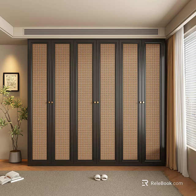 Traditional Chinese Style Wardrobe With Dark Frame And Woven Panel Doors In Interior 3d model 