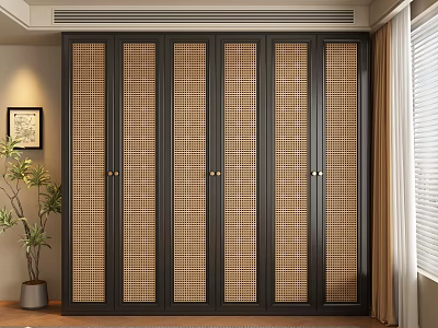 Traditional Chinese Style Wardrobe With Dark Frame And Woven Panel Doors In Interior 3d model