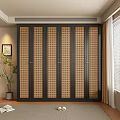 Traditional Chinese Style Wardrobe With Dark Frame And Woven Panel Doors In Interior