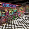 Vintage Bar Interior With Cocktails Neon Sign Red Bar Stools Checkerboard Floor And Pool Table