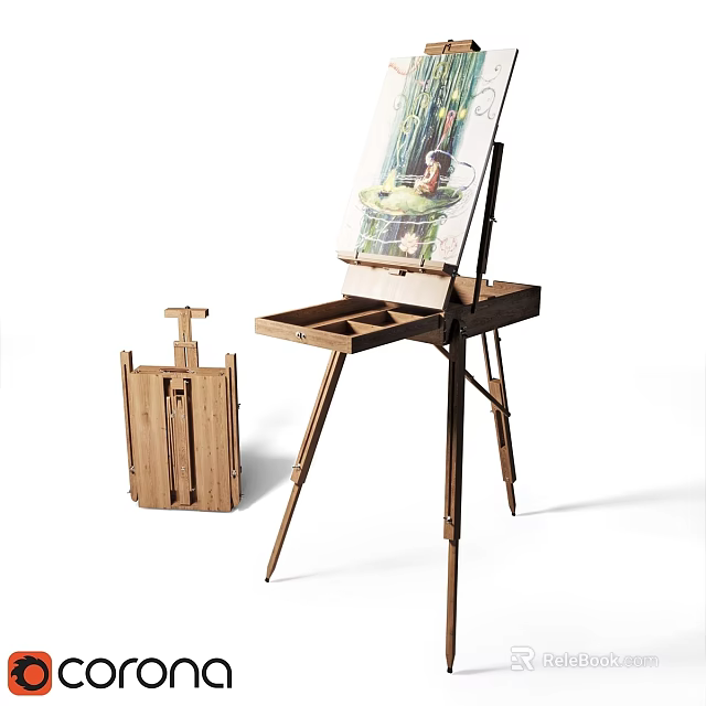 Wooden Easel With Painting As Wall Decor For Home Interior 3d model 