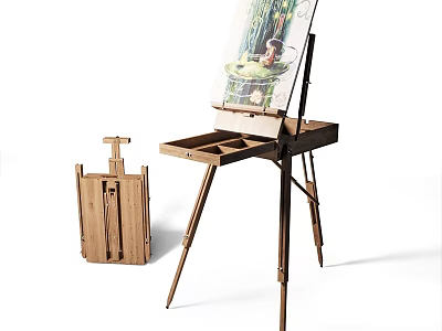 Wooden Easel With Painting As Wall Decor For Home Interior 3d model