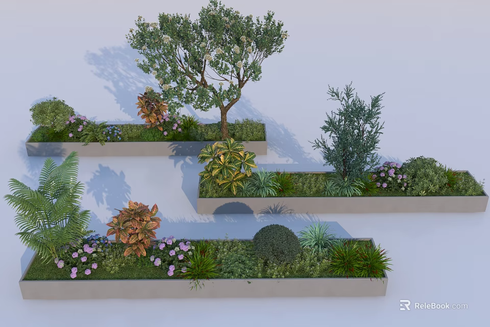 Tree Planter with Diverse Trees Shrubs and Colorful Flowers in Outdoor Design 3d model 