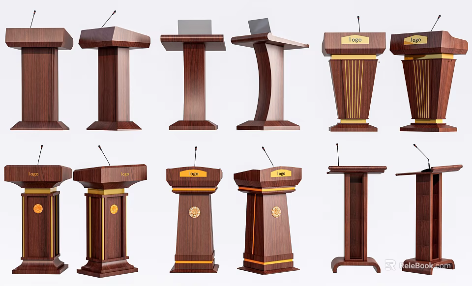 Wooden Podiums in Different Styles Featuring Gold Accents and Microphones 3d model 
