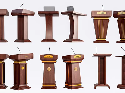 Wooden Podiums in Different Styles Featuring Gold Accents and Microphones 3d model