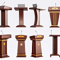 Wooden Podiums in Different Styles Featuring Gold Accents and Microphones