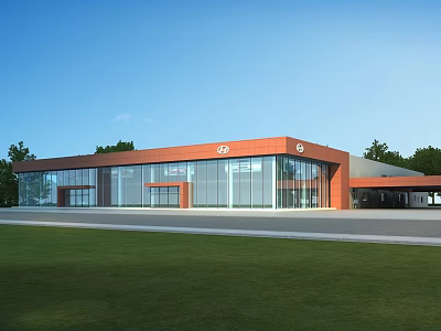 Modern Car Dealership Exterior Design With Glass Curtain Walls Red Architecture Green Lawn And Trees 3d model