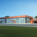 Modern Car Dealership Exterior Design With Glass Curtain Walls Red Architecture Green Lawn And Trees