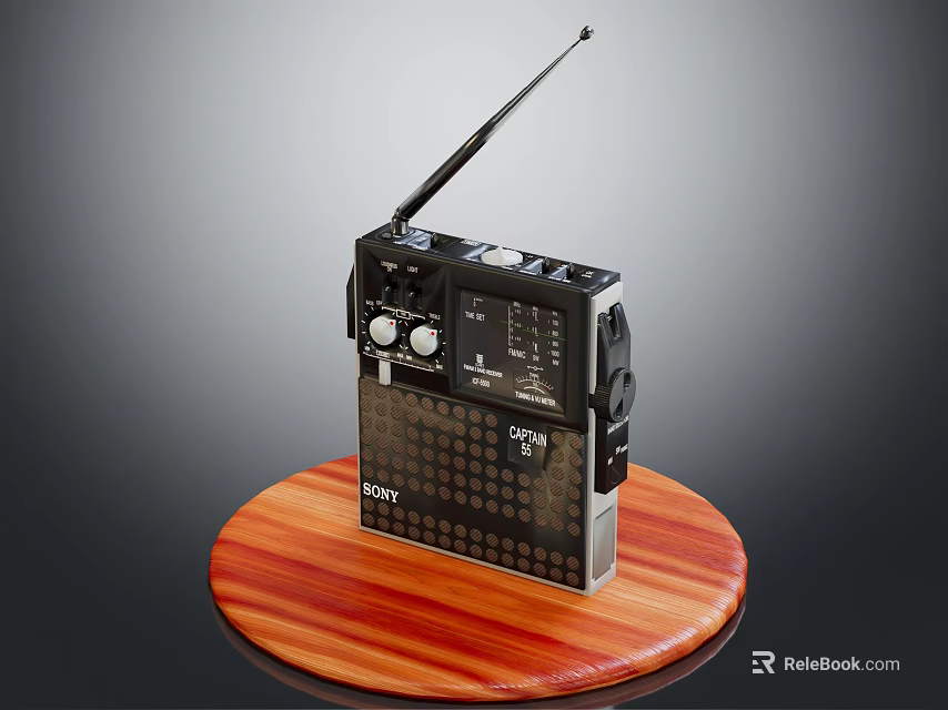 Sony Black Portable Radio With Antenna On Round Wooden Display Base 3d model 