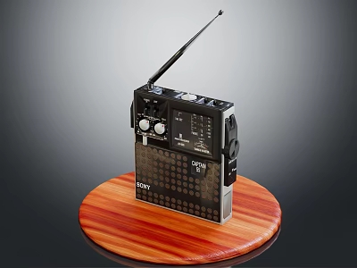 Sony Black Portable Radio With Antenna On Round Wooden Display Base 3d model