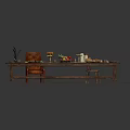 Wooden Dining Table Setup With Food Dishes Chairs And Traditional Patterned Rug