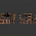 Wooden Dining Tables And Chairs Set With Round Tables Plates And Wine Bottles