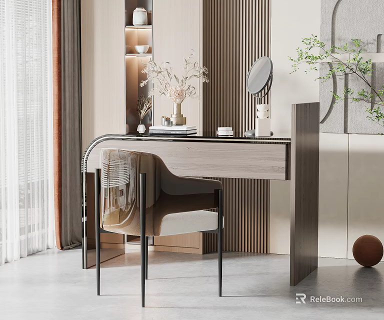 Elegant Modern Desk Setup With Chair Mirror Vase And Decor 3d model 