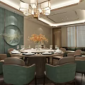Elegant Private Dining Room Interior With Set Round Table Green Chairs Chandelier And Wall Art