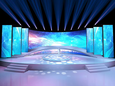 Modern Stage Setup With Blue Lighting Large Screen Steps And Illuminated Floor 3d model