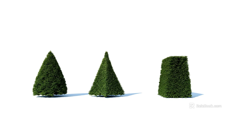 Three Green Well Trimmed Bushes Featuring Conical And Square Shaped Forms 3d model 