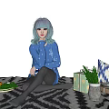 Woman With Blue Green Hair Wearing Blue Polka Dot Sweater On Striped Blanket With Gifts