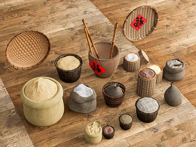 Traditional Kitchen Utensils With Wicker Baskets Clay Jars Chopsticks And Fu Tags On Wooden Floor 3d model