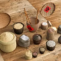 Traditional Kitchen Utensils With Wicker Baskets Clay Jars Chopsticks And Fu Tags On Wooden Floor