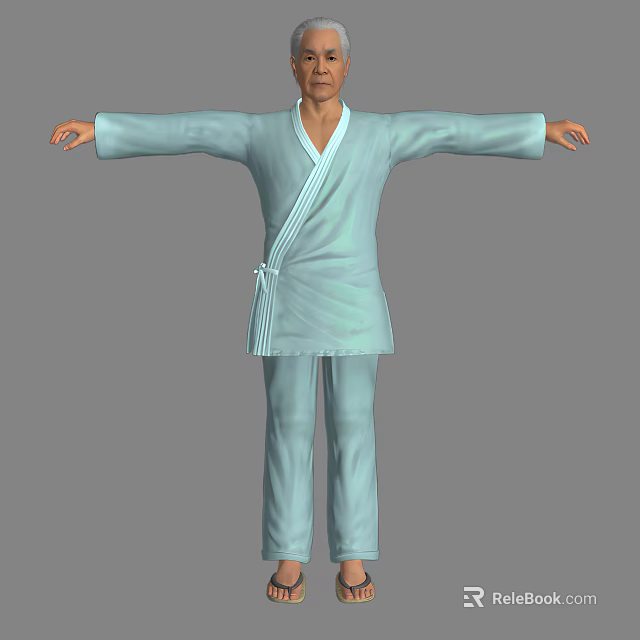 Man in Light Blue Traditional Outfit Standing with Arms Fully Extended Full Body 3d model 