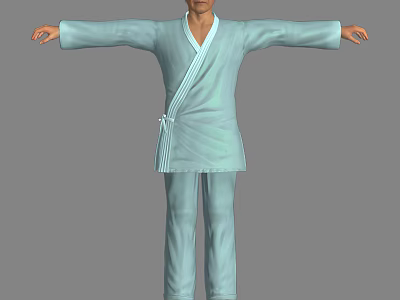 Man in Light Blue Traditional Outfit Standing with Arms Fully Extended Full Body 3d model