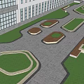 Modern Office Building Exterior With Green Landscaping And Outdoor Seating Areas