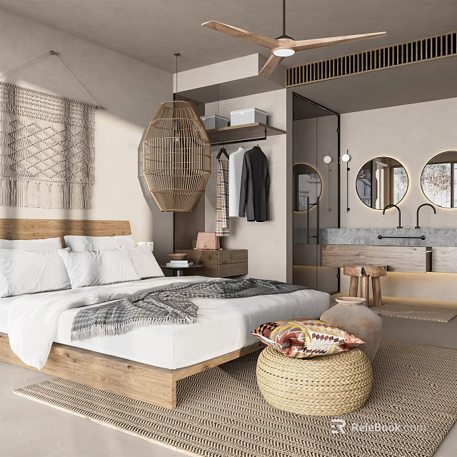 Hotel Guest Room with Wooden Bed Woven Pendant Light Open Wardrobe Bathroom and Natural Tones 3d model 
