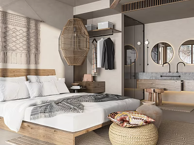 Hotel Guest Room with Wooden Bed Woven Pendant Light Open Wardrobe Bathroom and Natural Tones 3d model
