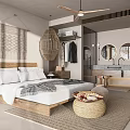 Hotel Guest Room with Wooden Bed Woven Pendant Light Open Wardrobe Bathroom and Natural Tones