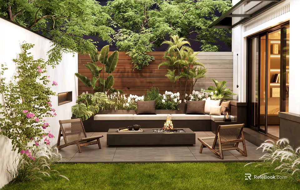 Tranquil Courtyard Garden Featuring Outdoor Sofa Fire Pit Wooden Decor And Lush Plants 3d model 