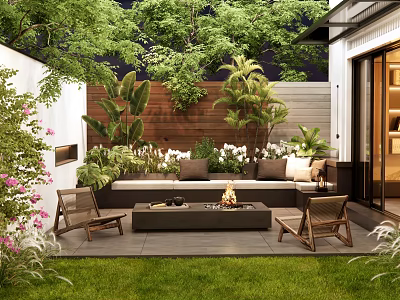 Tranquil Courtyard Garden Featuring Outdoor Sofa Fire Pit Wooden Decor And Lush Plants 3d model