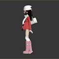 Children's Doll Wearing Red Coat White Hat Scarf And Pink Boots Holding Bag