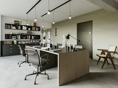 Modern Office Interior With Wooden Desk Ergonomic Chairs Bookshelf And Pendant Lights 3d model