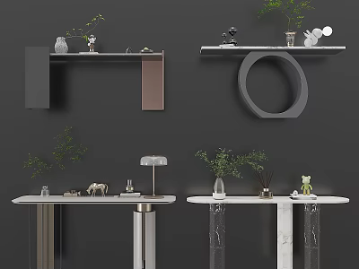 Modern Entryway Console Tables And Side Cabinets With Marble Tops Metal Legs Green Plants And Decorative Items 3d model