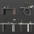 Modern Entryway Console Tables And Side Cabinets With Marble Tops Metal Legs Green Plants And Decorative Items