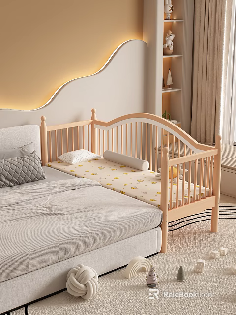 Wooden Toddler Bed with Guardrails Yellow Pattern Mattress Adjacent to Adult Bed and Wave Lighting 3d model 