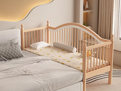Wooden Toddler Bed with Guardrails Yellow Pattern Mattress Adjacent to Adult Bed and Wave Lighting 3d model