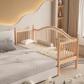 Wooden Toddler Bed with Guardrails Yellow Pattern Mattress Adjacent to Adult Bed and Wave Lighting