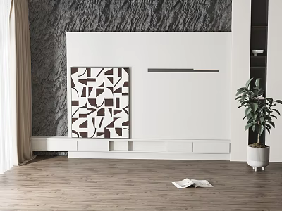 Modern TV Background Wall Design With Abstract Artwork Storage Cabinet And Green Plant 3d model