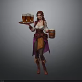 Fantasy Female Tavern Server Carrying Tray With Beer Mugs And Wooden Barrel