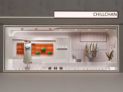 Chillchan Store Window Featuring ZARA Clothing With Dress Mannequin Hanging Clothes Shoes And Plant Decor 3d model