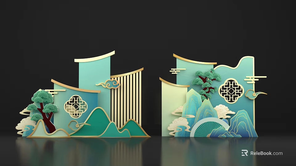 Chinese Style Photo Check In Spot With Green Mountains Pine Tree Clouds And Fan Design 3d model 