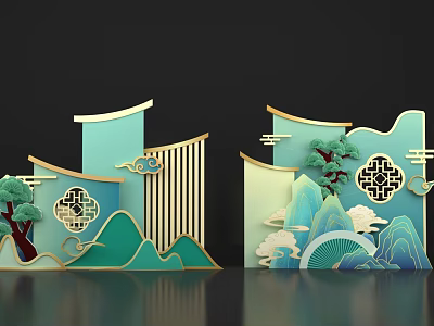 Chinese Style Photo Check In Spot With Green Mountains Pine Tree Clouds And Fan Design 3d model