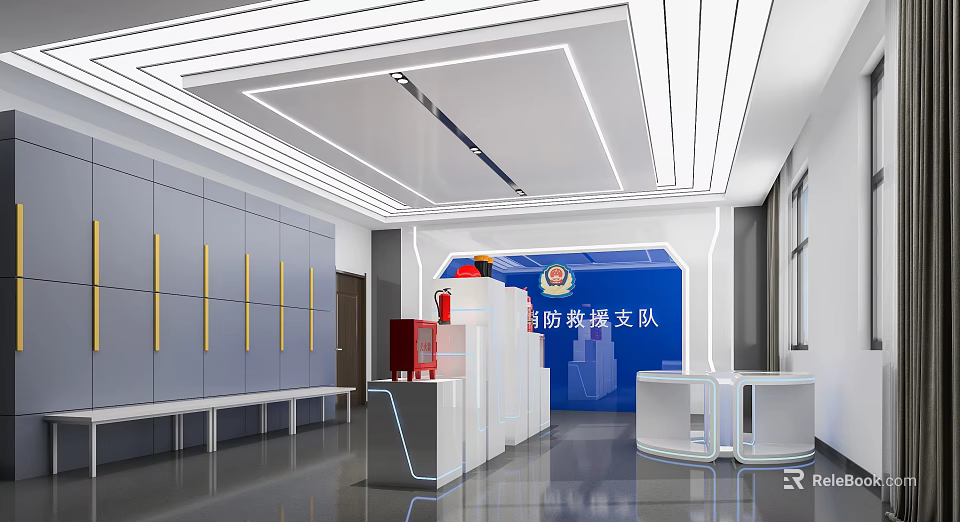 Riot and Bomb Search Team Office with Gray Lockers Gold Lines Blue Wall Modern Ceiling 3d model 