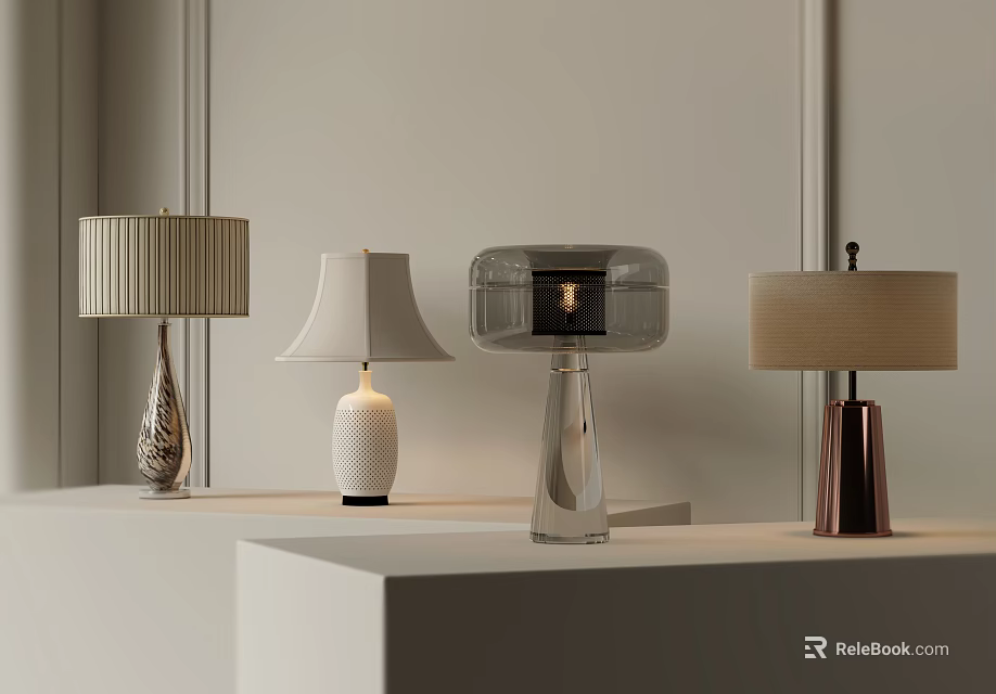 Modern Stylish Table Lamps With Ceramic Glass And Metal Bases On White Display Shelves 3d model 