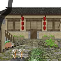 Traditional Chinese Homestay Building with Courtyard Garden Stone Walls Red Doors and Green Plants